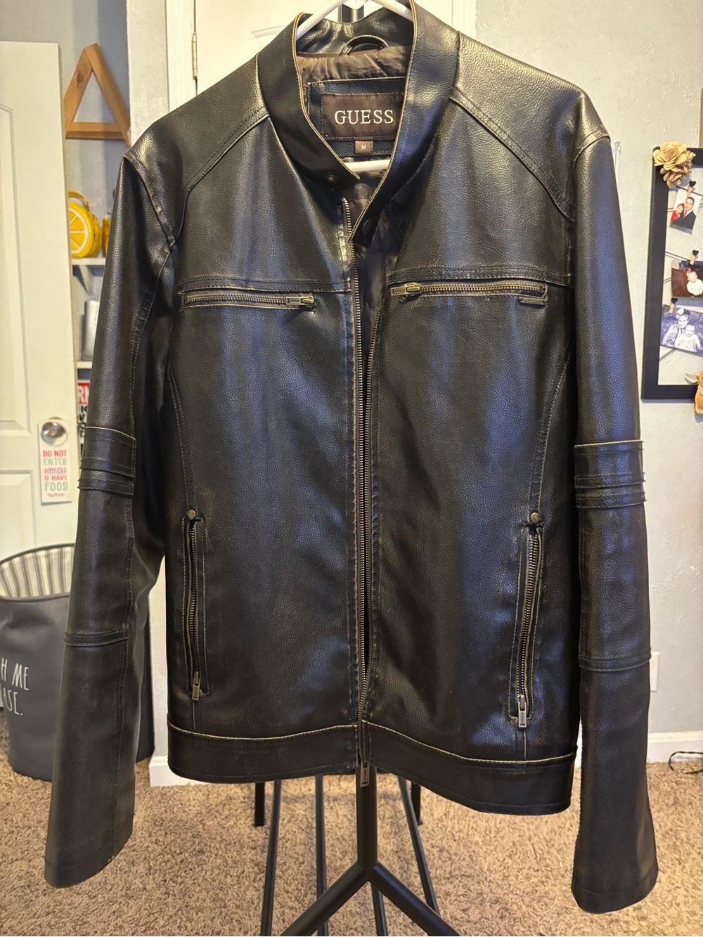 GUESS Black Men's Leather Zip Bomber Jacket